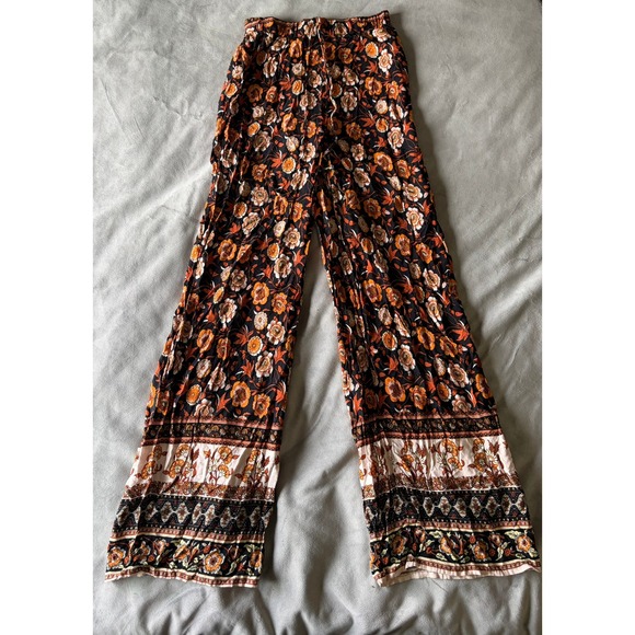 SHEIN Pants - SHEIN Womens Boho Floral Wide Leg Pants Orange Black High Waist Small